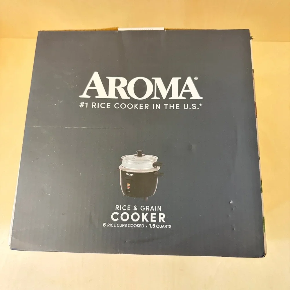 Aroma Rice Grain Cooker 6 Cup Black One-Touch Ceramic Pot 1.5 Quart NEW Open Box
